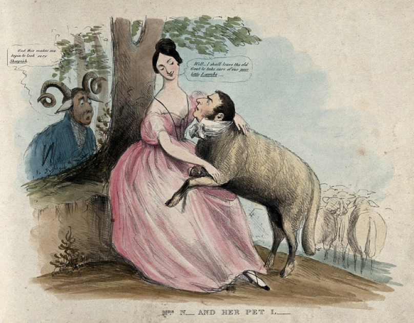 A woman holds a lamb in her lap while a ram looks on