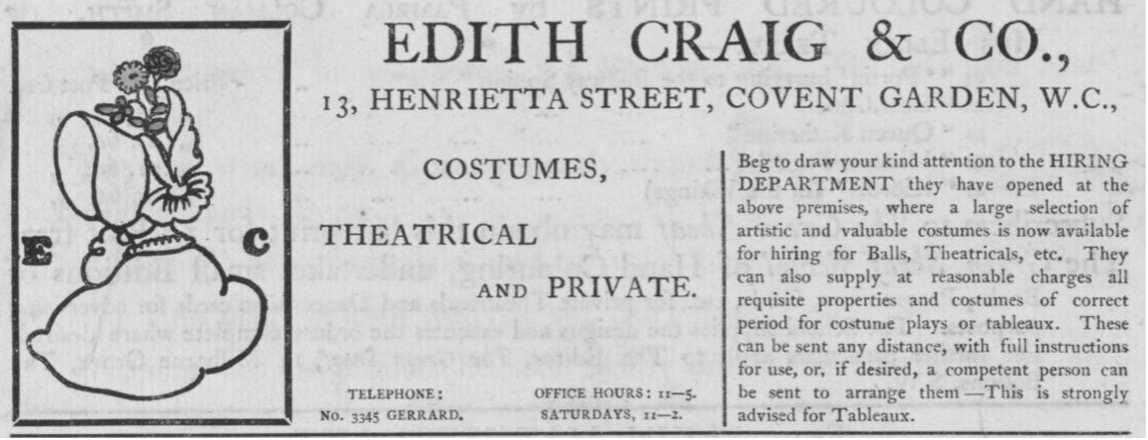 Advertisement for Edith Craig’s costume
            business in The Green Sheaf