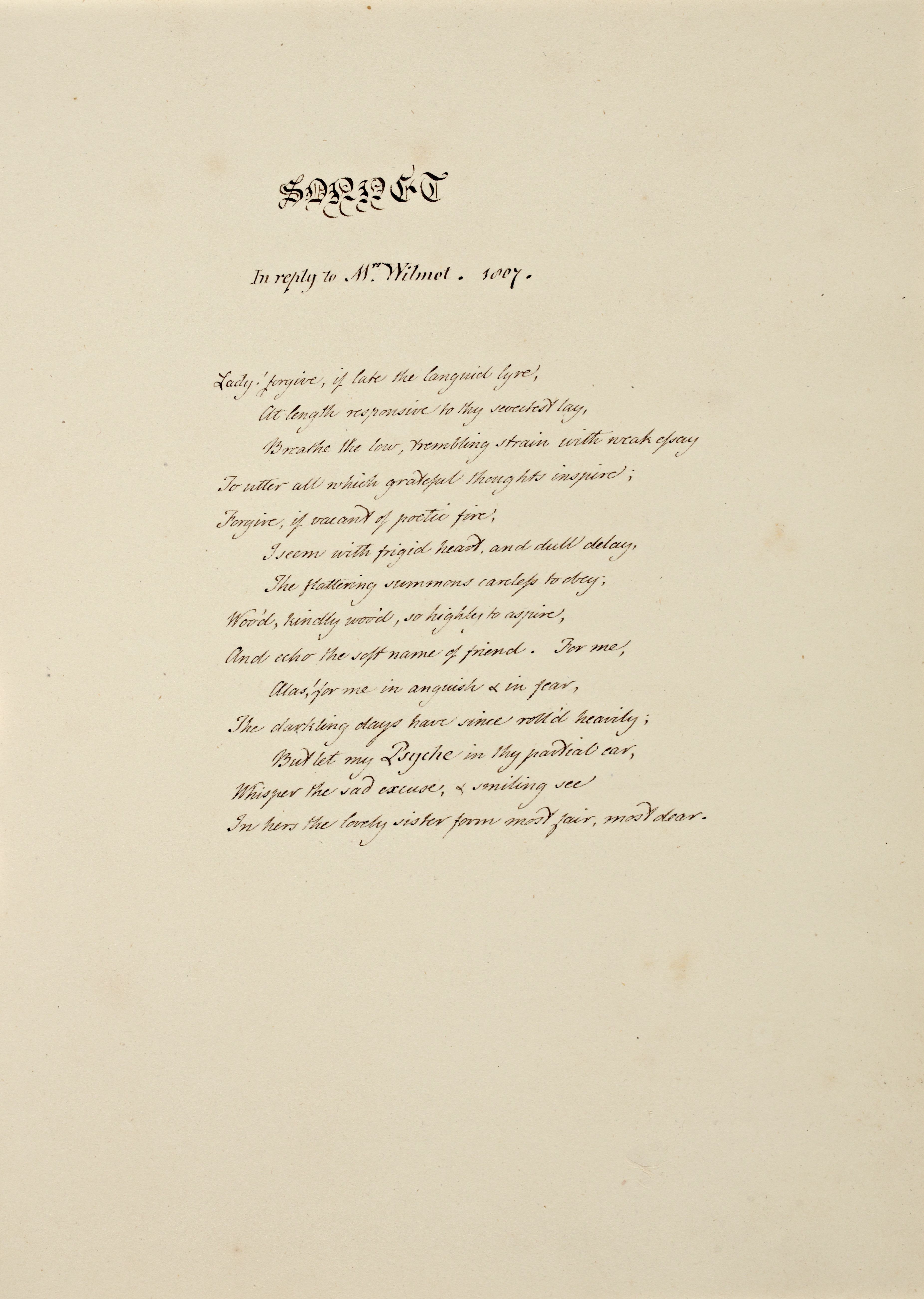 Manuscript of Tighe’s “Sonnet in reply
            to Mrs. Wilmot. 1807”.