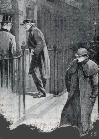 Illustration of Irene Adler in men's clothing passing Holmes in the street