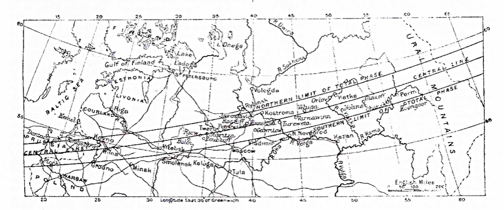 map of the calculated path of the solar eclipse of 1887